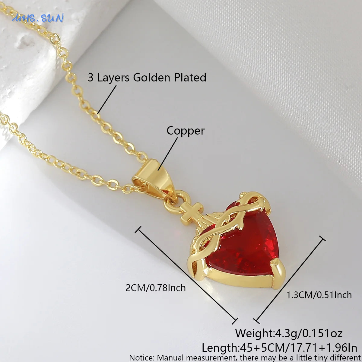 SUNSLL Sacred Red Heart Cross Cubic Zircon Pendants Necklaces Luxury Women Gold Plated Romantic Love Anniversary Jewelry Gifts