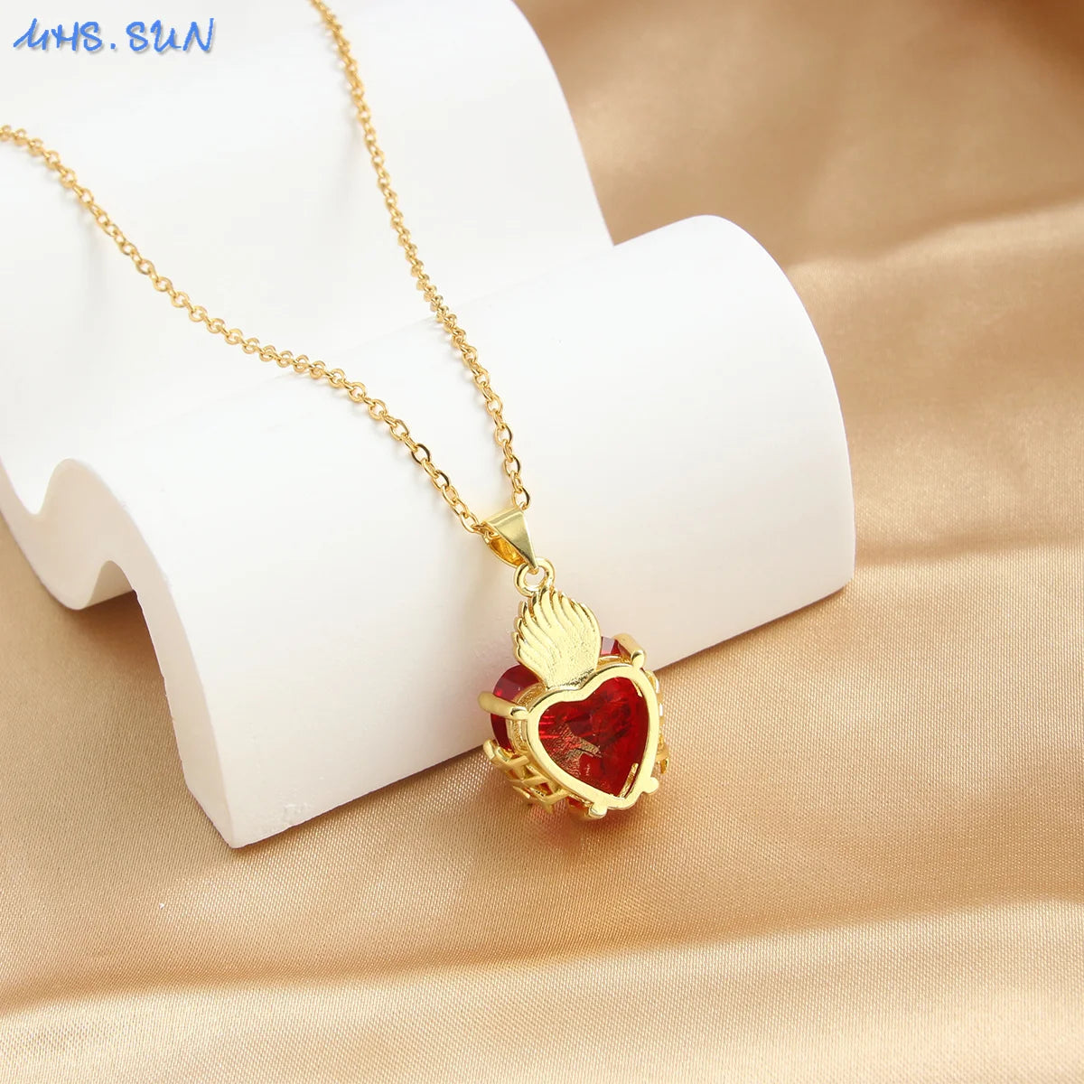 SUNSLL Sacred Red Heart Cross Cubic Zircon Pendants Necklaces Luxury Women Gold Plated Romantic Love Anniversary Jewelry Gifts