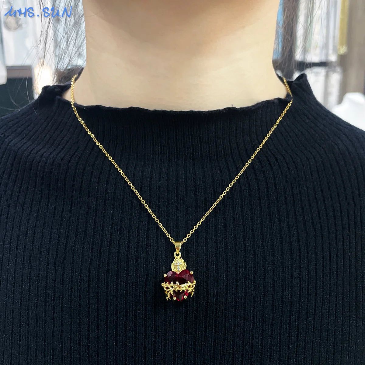 SUNSLL Sacred Red Heart Cross Cubic Zircon Pendants Necklaces Luxury Women Gold Plated Romantic Love Anniversary Jewelry Gifts
