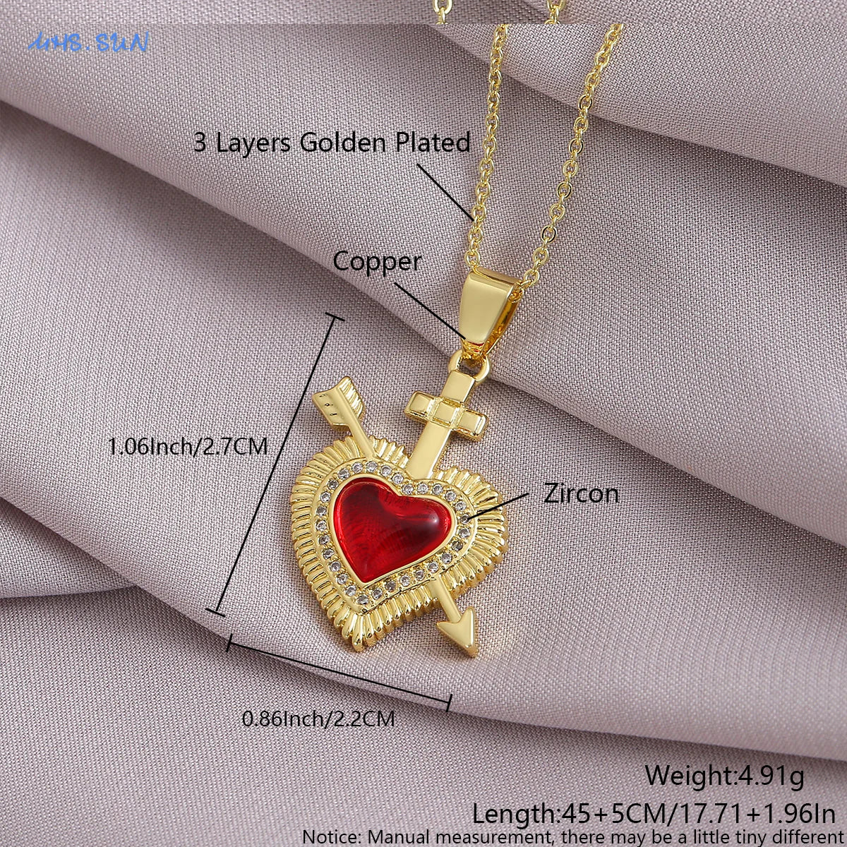 SUNSLL Sacred Red Heart Cross Cubic Zircon Pendants Necklaces Luxury Women Gold Plated Romantic Love Anniversary Jewelry Gifts