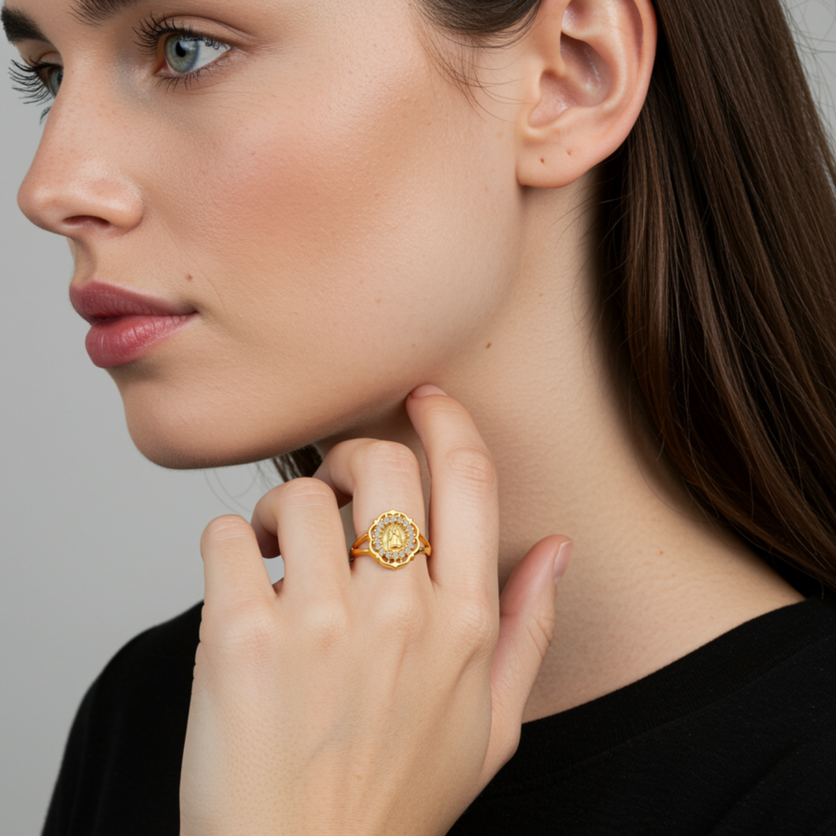 Anel Floral Virgem Maria Com Zircônia