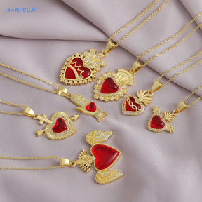 SUNSLL Sacred Red Heart Cross Cubic Zircon Pendants Necklaces Luxury Women Gold Plated Romantic Love Anniversary Jewelry Gifts