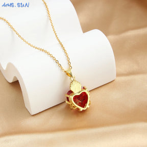 SUNSLL Sacred Red Heart Cross Cubic Zircon Pendants Necklaces Luxury Women Gold Plated Romantic Love Anniversary Jewelry Gifts