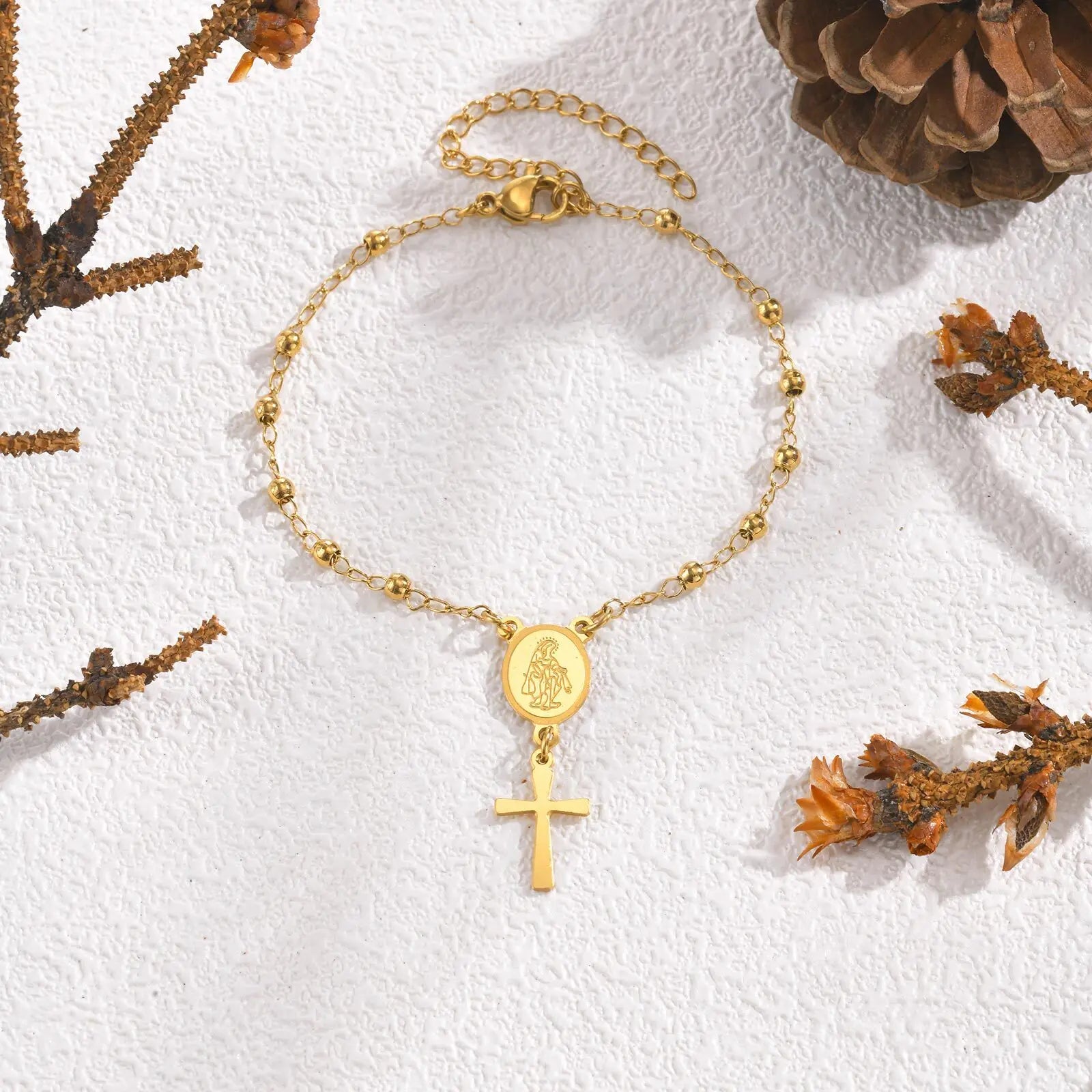 Pulseira Rosário Vigem Maria Com Cruz de Aço Inoxidável