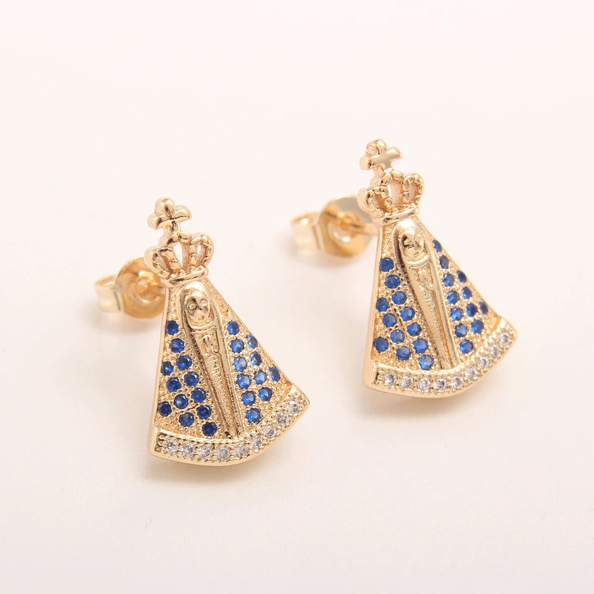 MHS.SUN Newest Virgin Mary Earrings Gold Plated Mosaic Blue Zircon Stud Earrings Luxury Religious Jewelry For Women Party Gift
